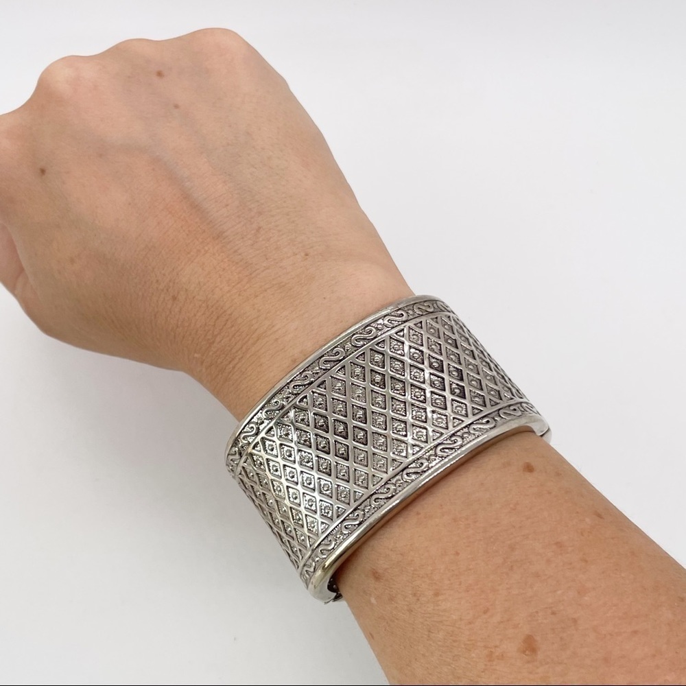 Brushed Silver Tone Wide Clamper Bracelet Hinged Minimalist Brutalist Statement